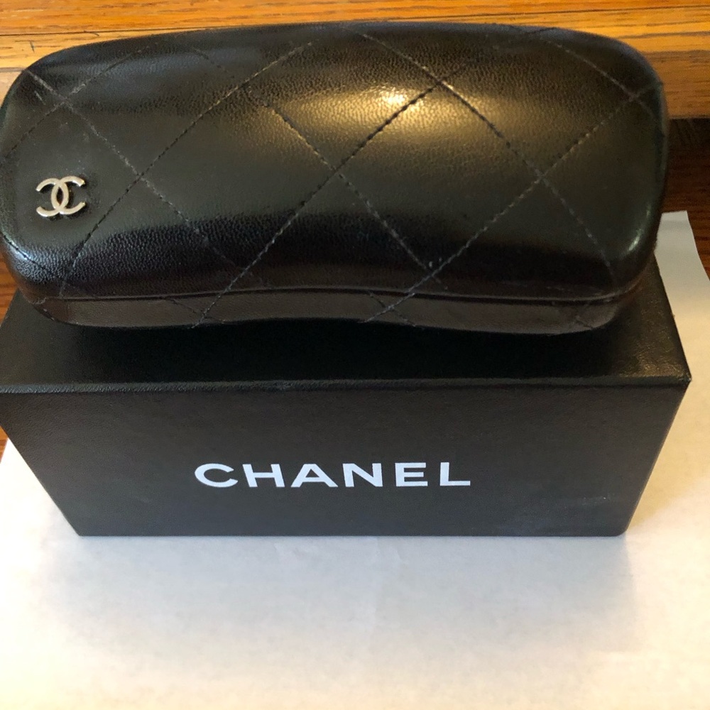 CHANEL Black Quilted Eyewear Holder with Silver Accent